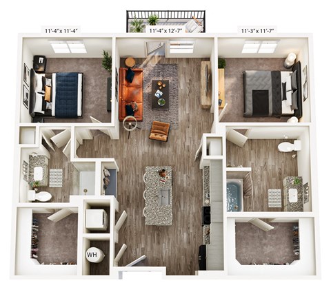 Floor plan for 2 beds, 2 baths, 1110 sqft